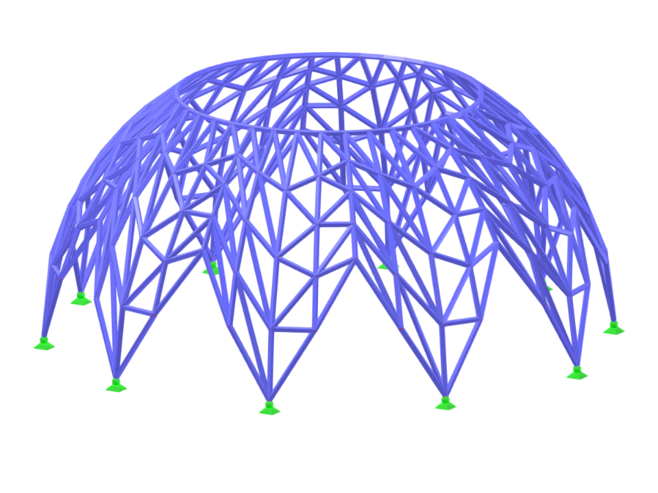 Halbschalenstruktur, gebildet aus gekrümmten Stäben, die komplexe Geometrie und Gestaltungselemente unter Verwendung fortschrittlicher Ingenieursoftware darstellt.