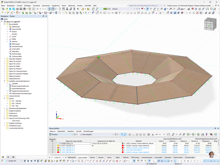 Modell einer Dachkonstruktion aus Brettsperrholz mit RFEM erstellt. Zeigt Details der Tragstruktur.