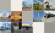 Collage mit Bauwerken von Architekten, die den Pritzker-Preis erhielten. Inspiration und Vielfalt in der modernen Architektur dargestellt.
