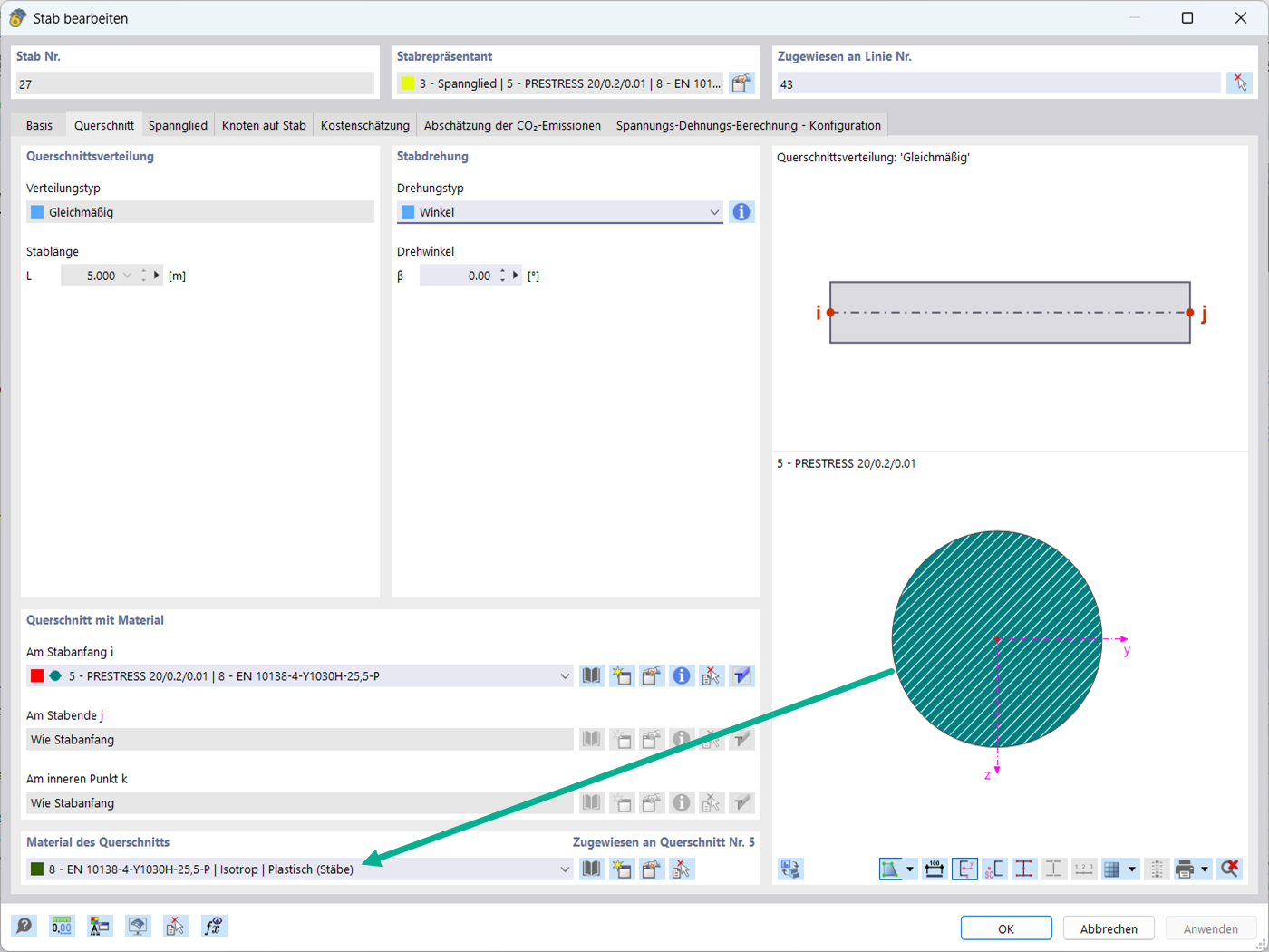 Stabtyp Spannglied mit Darstellung nichtlinearer Materialmodelle für strukturelle Analyse.