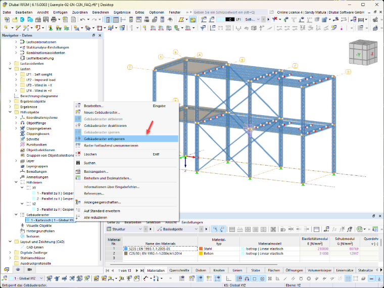 Ansicht mit Gebäuderaster und Hilfslinien. Details zu Modellfunktionen in RFEM.