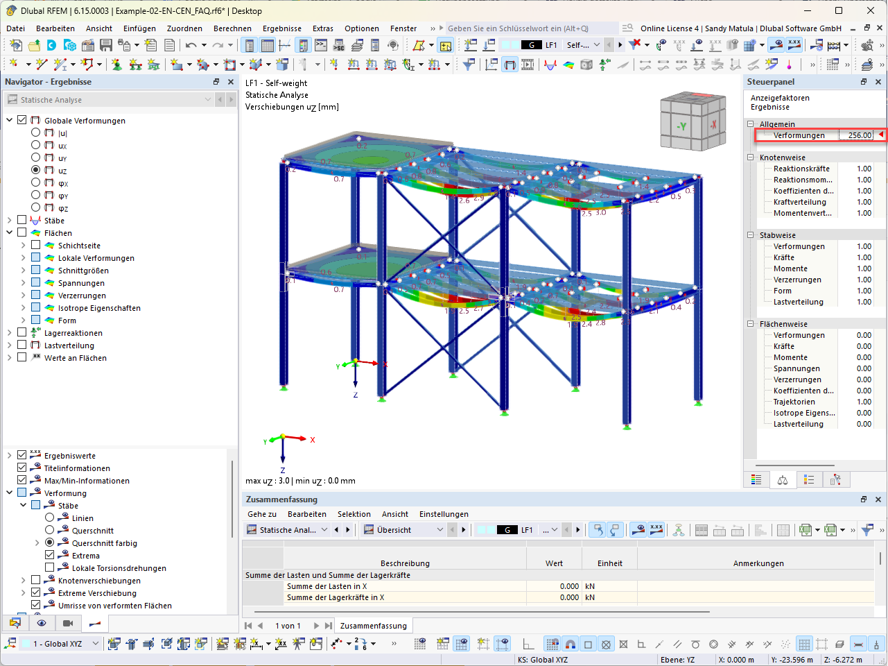 Berechnetes RFEM-Modell zeigt strukturierte Verformungen mit Farbskala