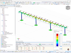 Die Grafik zeigt die Verformungsanalyse eines Strukturmodells in RFEM unter dem Einfluss von Windlasten.