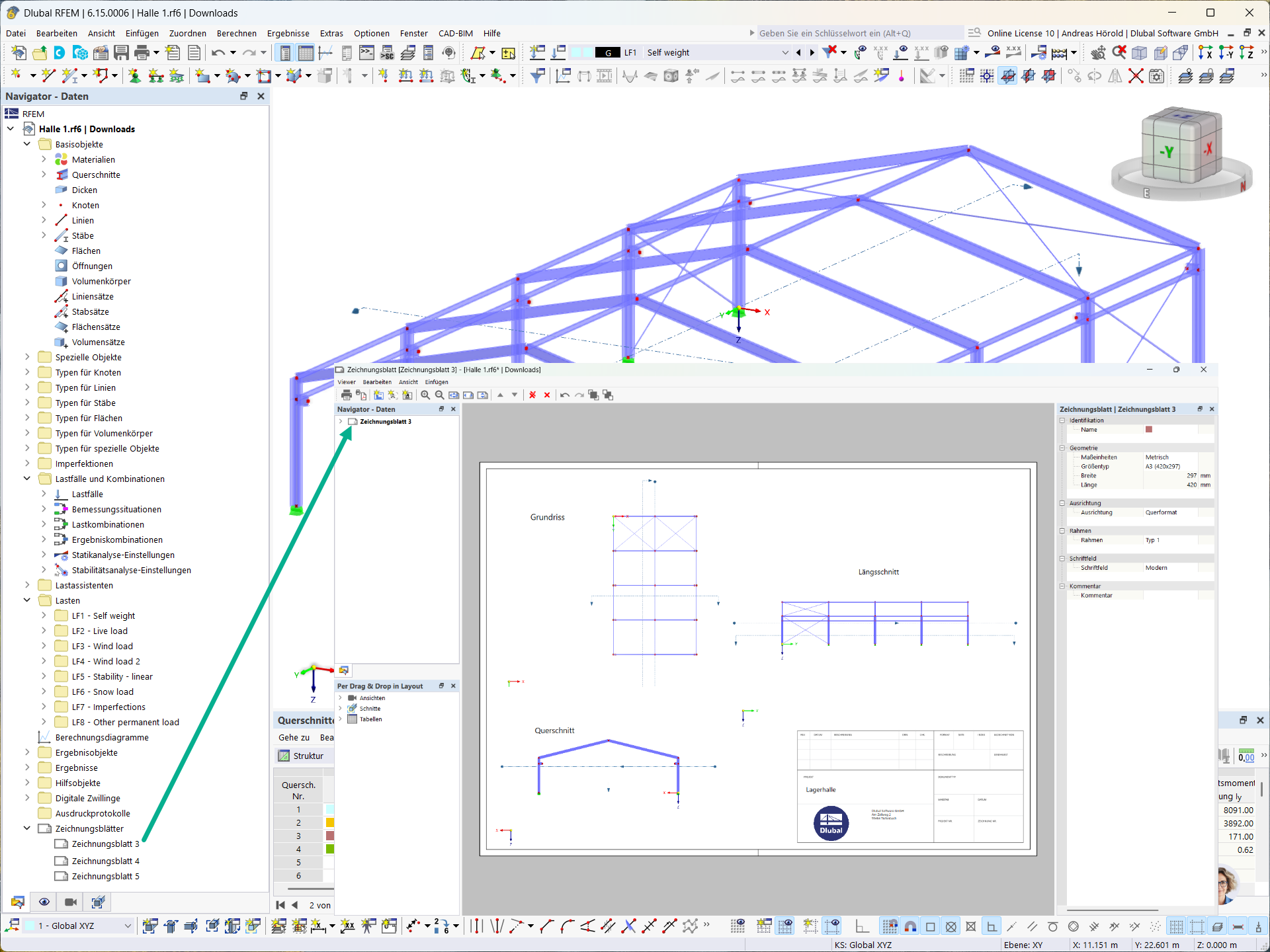 Zeichnungsblatt-Erstellung in RFEM und RSTAB mit Rahmen, Ansichten und Schnitten.