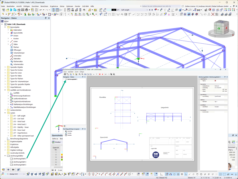 Zeichnungsblatt-Erstellung in RFEM und RSTAB mit Rahmen, Ansichten und Schnitten.