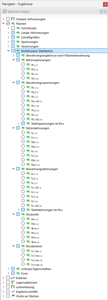 Ergebnisse der nichtlinearen Stahlbetonberechnung im Navigator auswählen