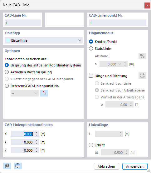 Dialog 'Neue CAD-Linie'