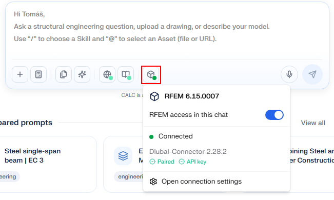 Verbindungsstatus in der CALC Chat-Eingabe — klicken Sie auf das RFEM-Symbol (rot markiert), um es zu öffnen.