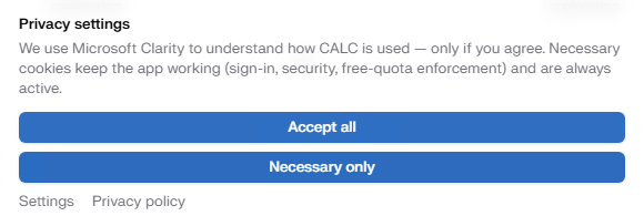 CALC Datenschutzeinstellungen — „Nur erforderliche“ ist
  für die RFEM-Verbindung ausreichend.