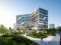 Siebenstöckiges Gebäude in Hybridbauweise mit Holz- und Glasfassade am Seeufer in China, renderinge visualization der Gebäudehülle.