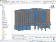 Siebenstöckiges Gebäude in Hybridbauweise mit Holz- und Stahltragwerk, modelliert in der Software RFEM mit Materialdefinition Brettsperrholz