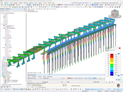 RFEM-Modell der Stahlkranbahn mit farblich dargestellten globalen Verformungen