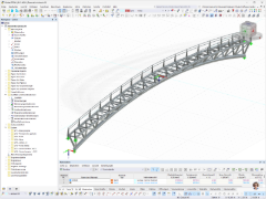3D-RFEM-Modell einer gebogenen Fußgängerbrücke aus Stahl in Italien mit Fachwerkträgern und Geländern