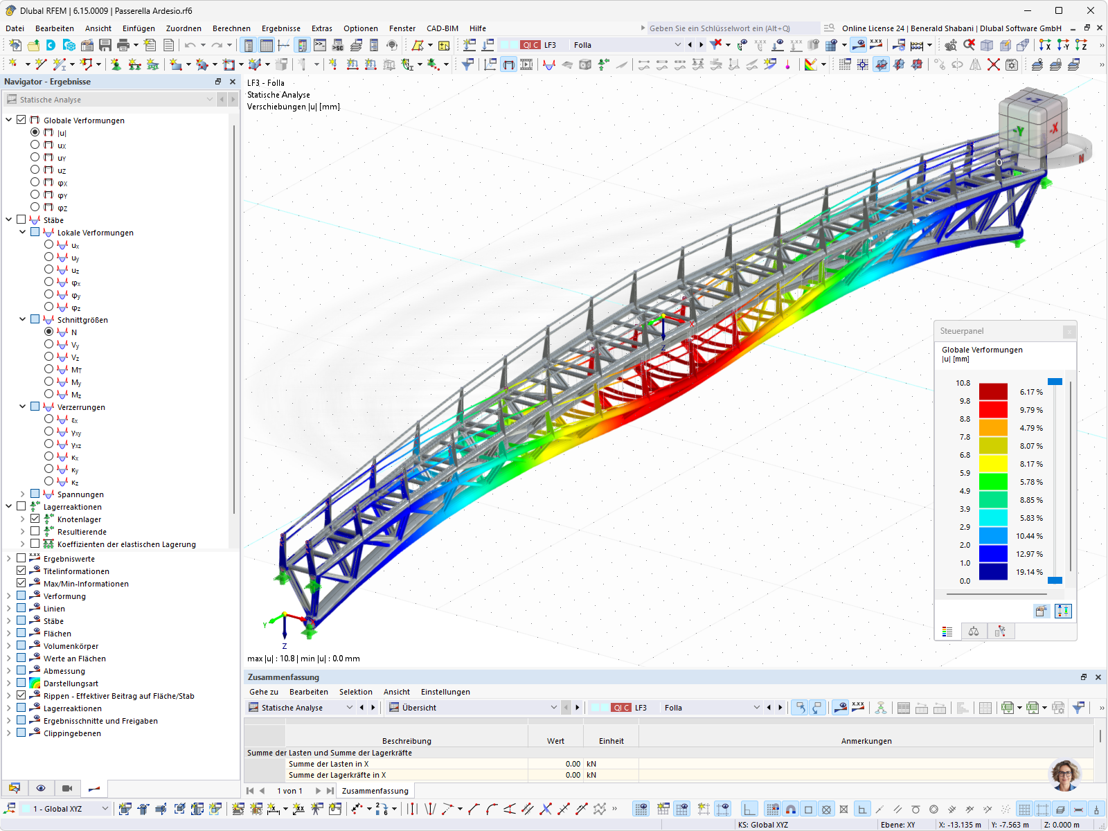 RFEM-Ergebnisdarstellung der Verformungen einer gebogenen Stahlfußgängerbrücke unter Nutzlasten