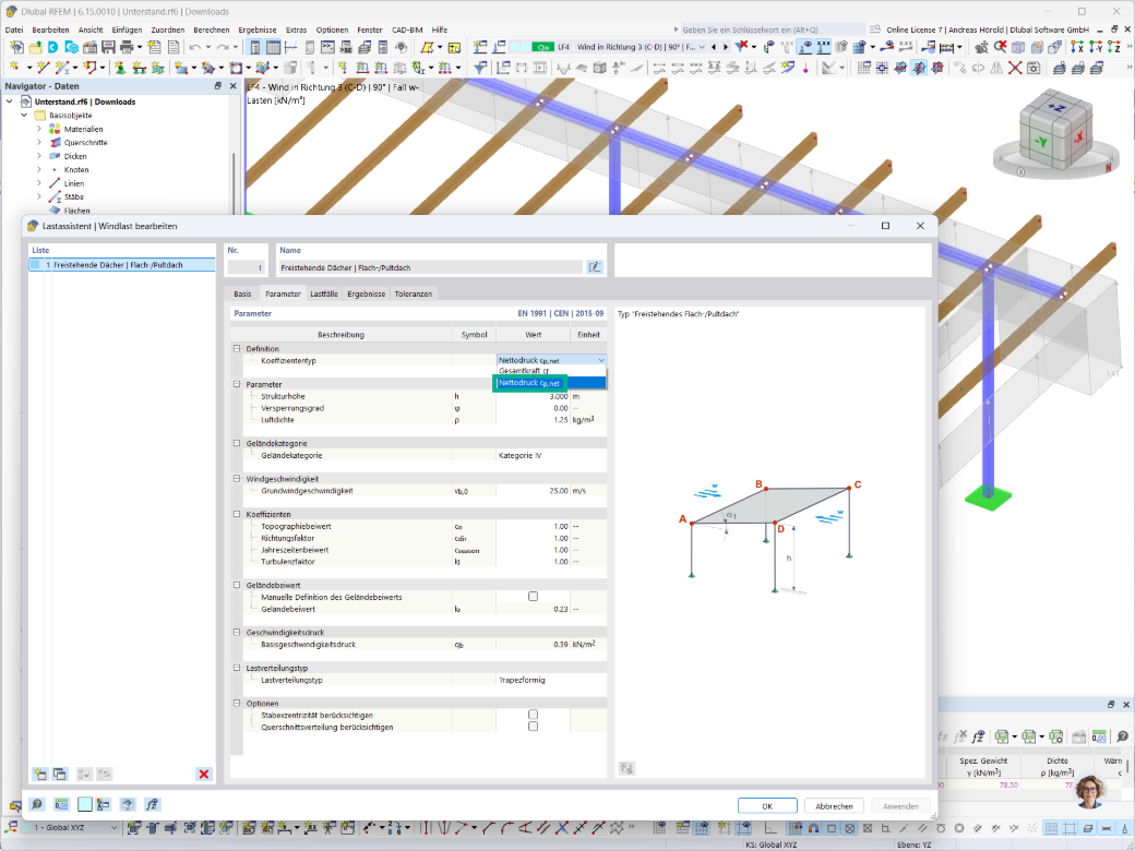 Lastassistent in RFEM zur Definition von Windlasten auf freistehende Flach- und Pultdächer nach EN 1991 mit Netto-Druckbeiwerten und Parametern wie Strukturhöhe und Grundwindgeschwindigkeit.