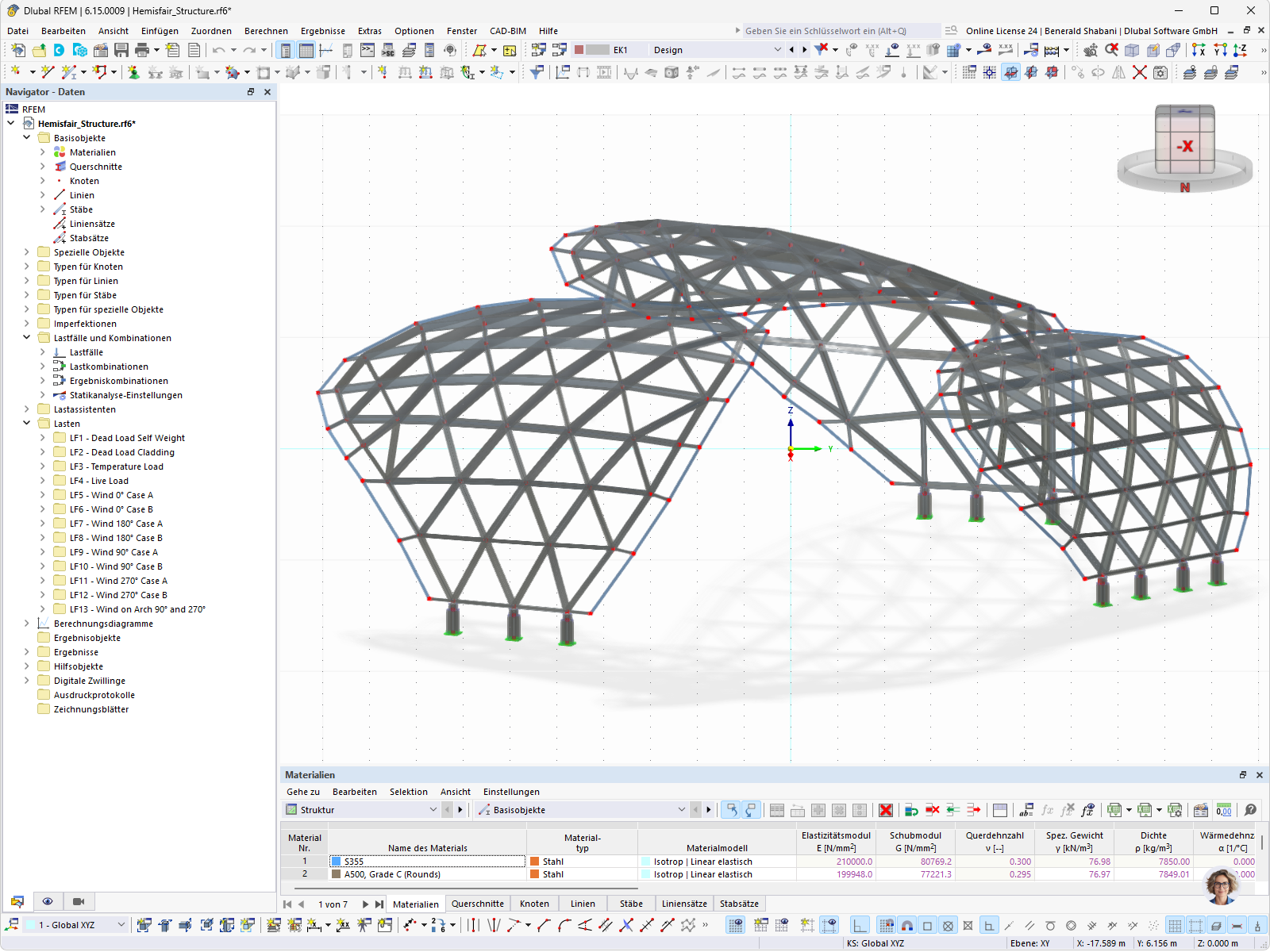 3D-RFEM-Modell der Stahlüberdachung „The Monarch San Antonio“ in Texas mit räumlichem Stabtragwerk und bogenförmiger Konstruktion.