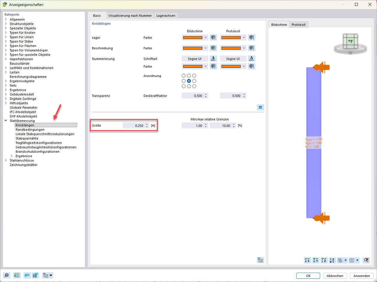 Dialog Anzeigeeigenschaften mit ausgewählten Knicklängen unter Stahlbemessung und Einstellungen zur Größe und Darstellung im Bildschirm und Protokoll
