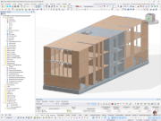 3D-Tragwerksmodell einer Grundschule in Hybridbauweise mit Holzdeckenelementen, Betonkernen und Aussteifungswänden in der Software RFEM dargestellt