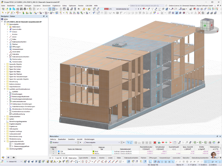 3D-Tragwerksmodell einer Grundschule in Hybridbauweise mit Holzdeckenelementen, Betonkernen und Aussteifungswänden in der Software RFEM dargestellt