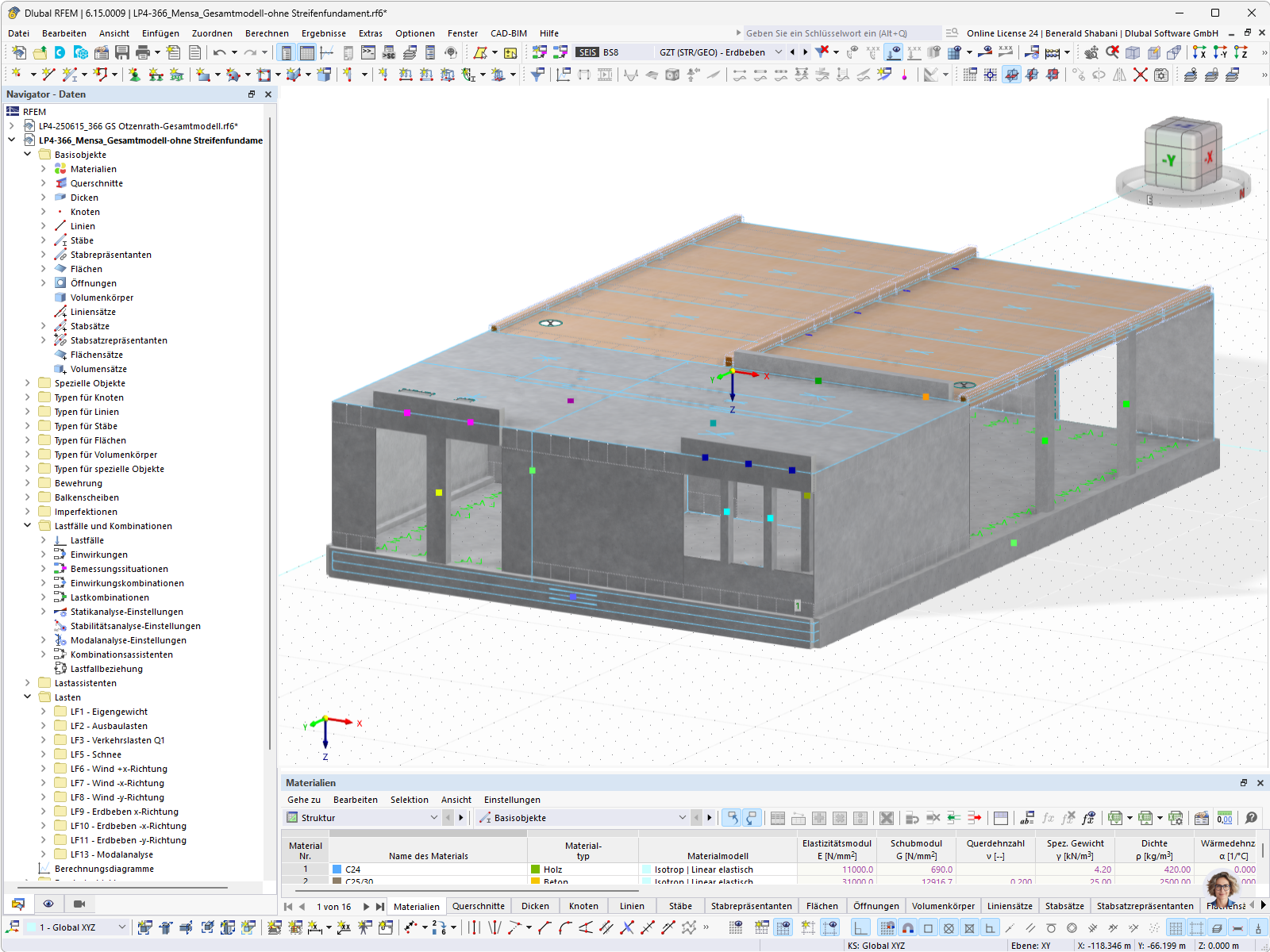 3D-Baumodell der Mensa der Grundschule Otzenrath in Hybridbauweise mit Holzdecke und Betonwänden, erstellt in RFEM mit Navigator, Lastfällen und Materialliste.