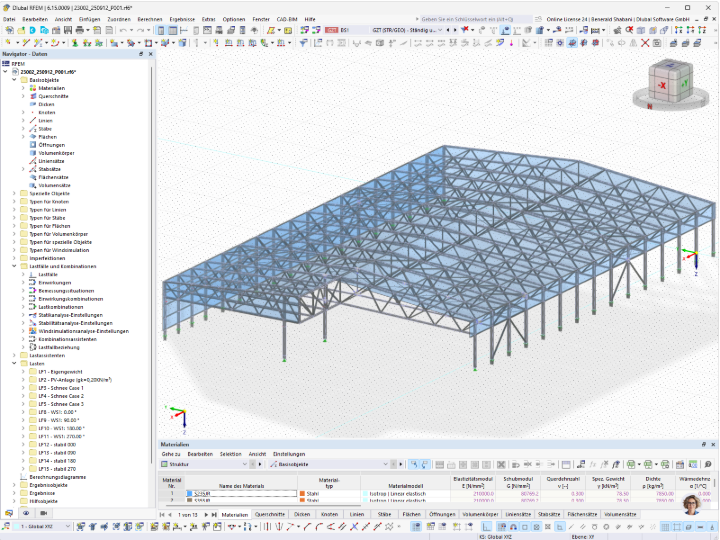 3D-Modell einer Stahlhalle mit Fachwerkdach und Stützen in RFEM, inklusive Lastfällen für Wind, Schnee und PV-Anlage