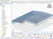 3D-Modell einer Stahlhalle mit Fachwerkdach und Stützen in RFEM, inklusive Lastfällen für Wind, Schnee und PV-Anlage