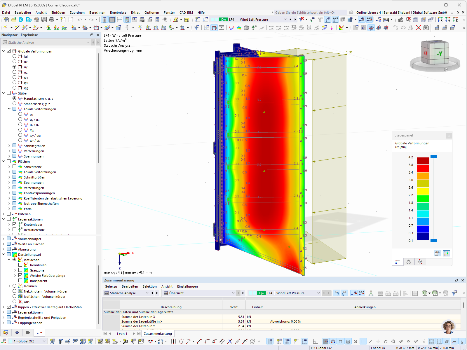 Verformungsanalyse der Fassadentragkonstruktion unter Windlast in RFEM