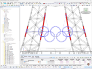 RFEM-Modell der Olympischen Ringe vor dem Eiffelturm in Paris mit Tragkonstruktion und Stahlstäben