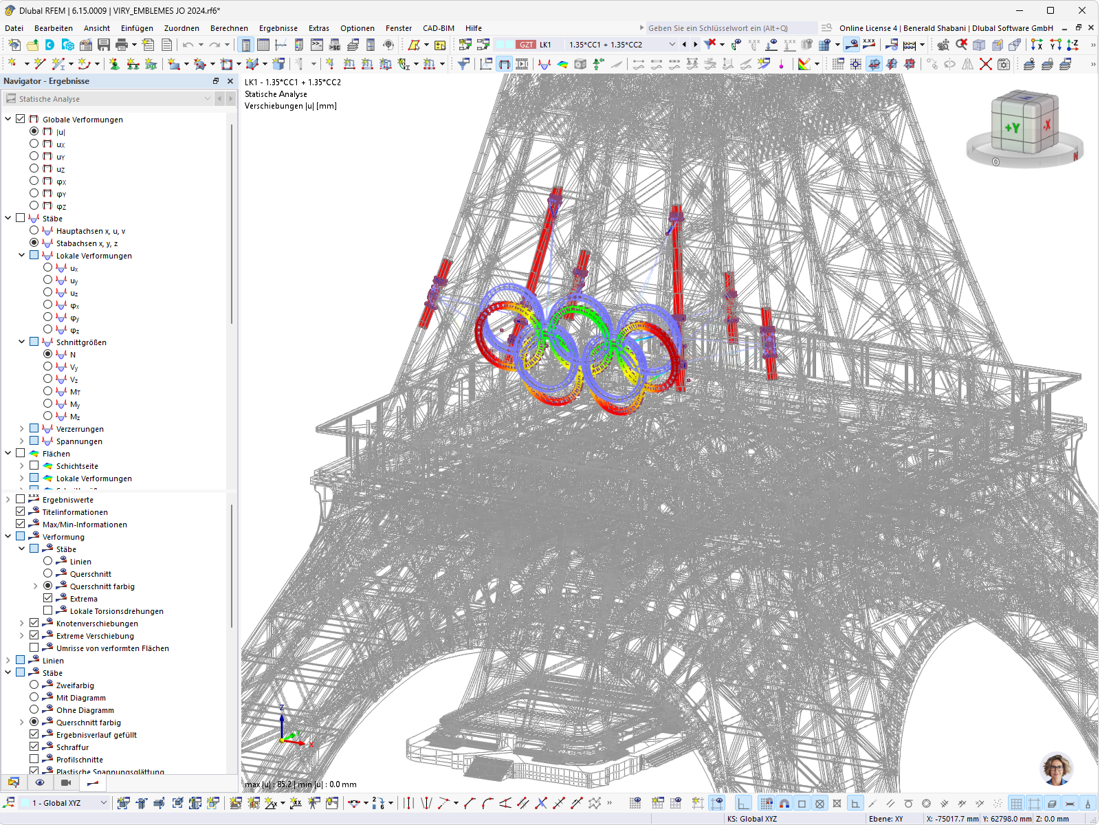 Verformungsbild der Olympischen Ringe am Eiffelturm unter Belastung in RFEM