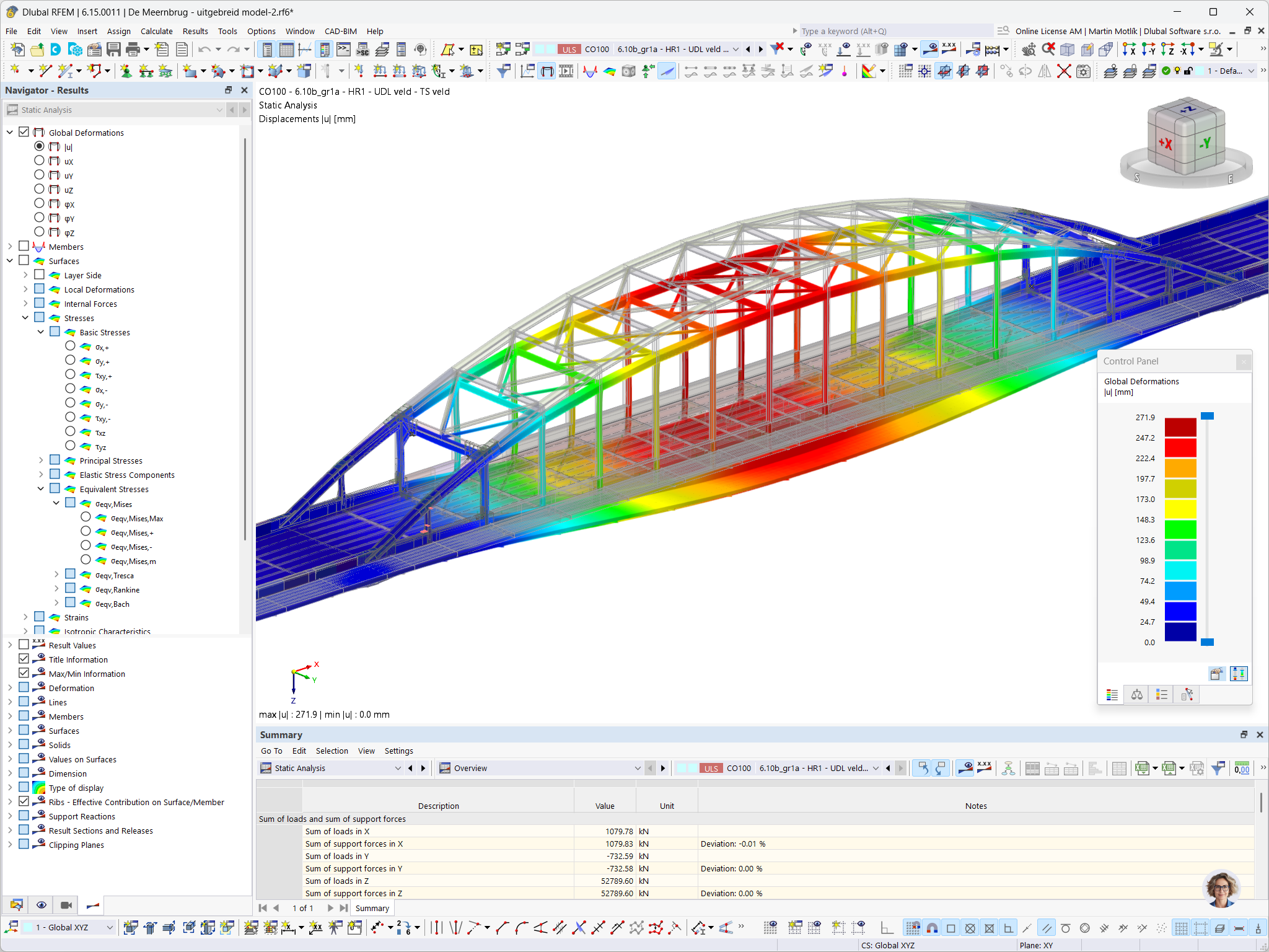 Globale Verformungen einer Stahlbogenbrücke unter einer Verkehrslastkombination in RFEM
