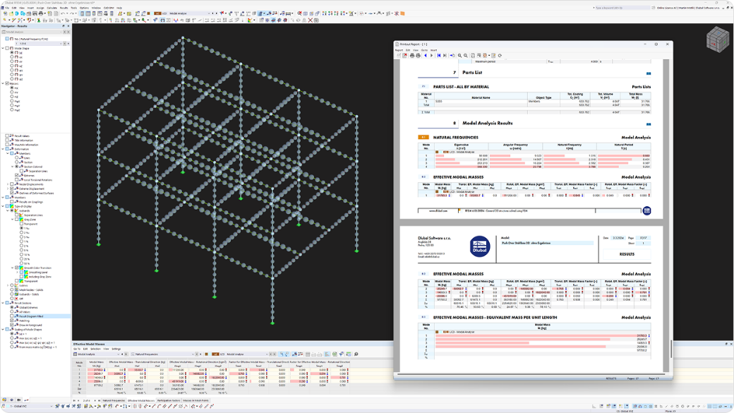 3D-Tragwerksmodell in RFEM mit Ergebnissen der Modalanalyse, Eigenfrequenzen, effektiven modalen Massen und Stückliste im Druckbericht.