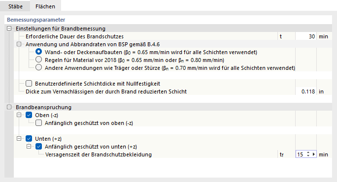 Register 'Flächen' für Brandschutzkonfiguration nach CSA