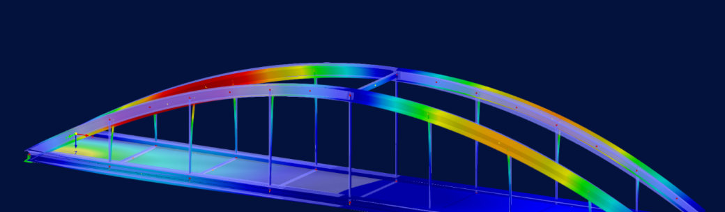 Stahlbogenbrücke in RFEM 6 mit farbcodierten Verschiebungen aus Zeitverlaufsanalyse