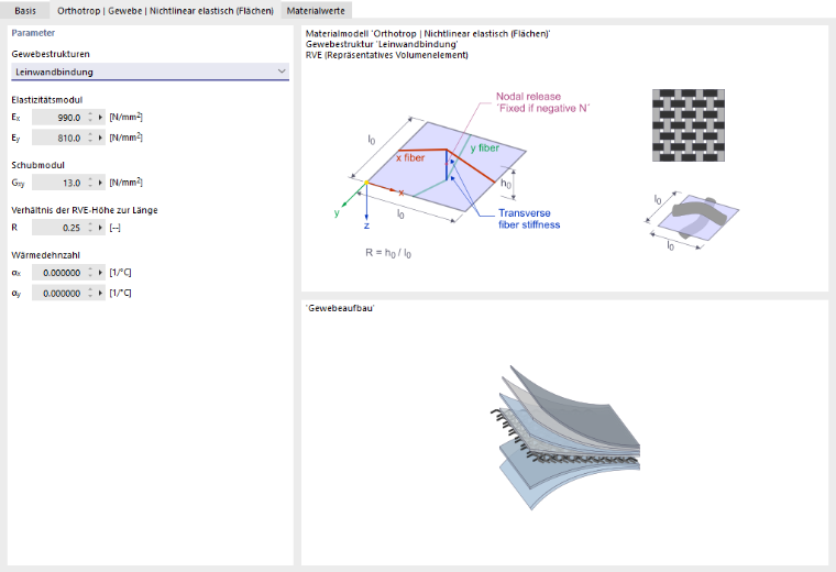 Materialmodell 'Orthotrop | Gewebe | Nichtlinear elastisch (Flächen)'