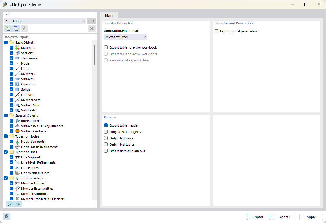Export Specifications for MS Excel