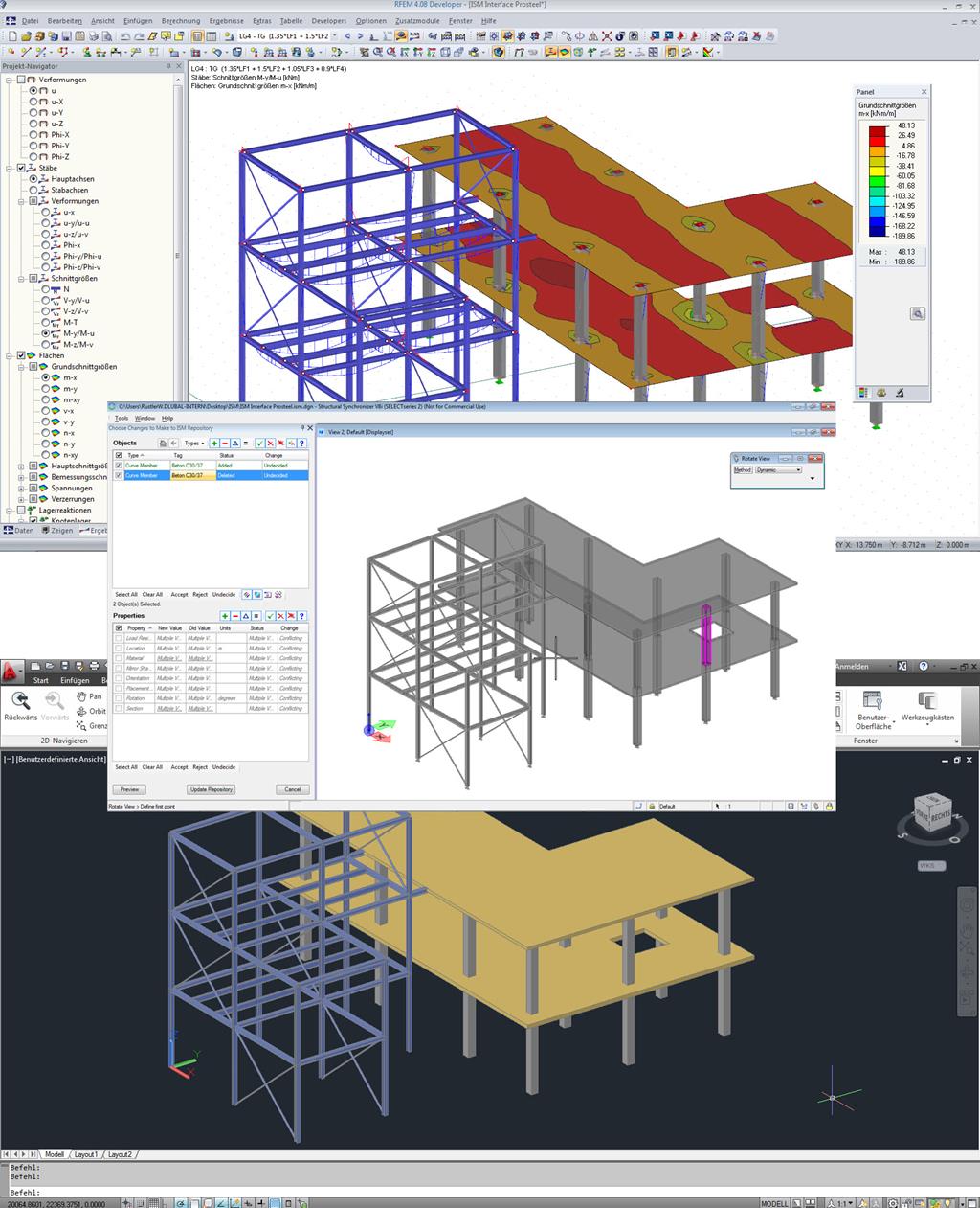 ISM Interface with Model in RFEM (Top), ISM Viewer (Middle), and ProStructure (Bottom)