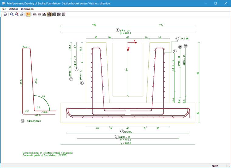 Reinforcement Drawing - Section of Bucket Centre, Viewing Direction in x