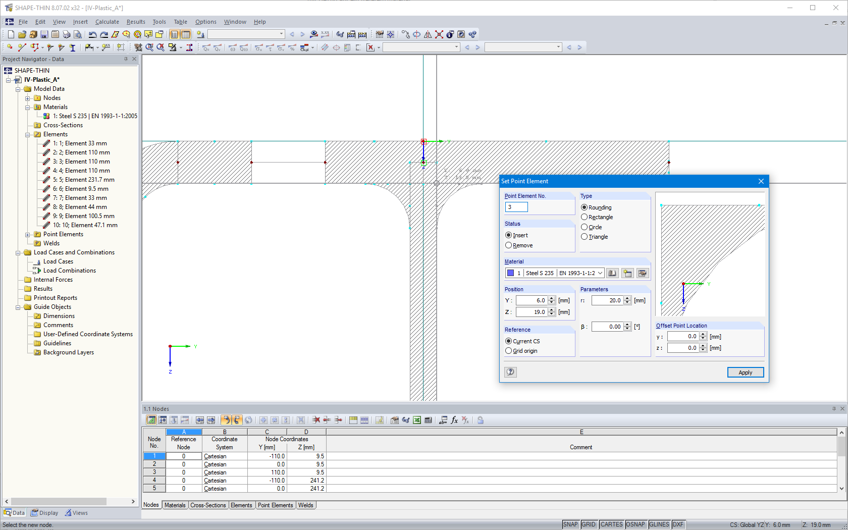 'Set point element' dialog box for setting a point element; for example, Rounding