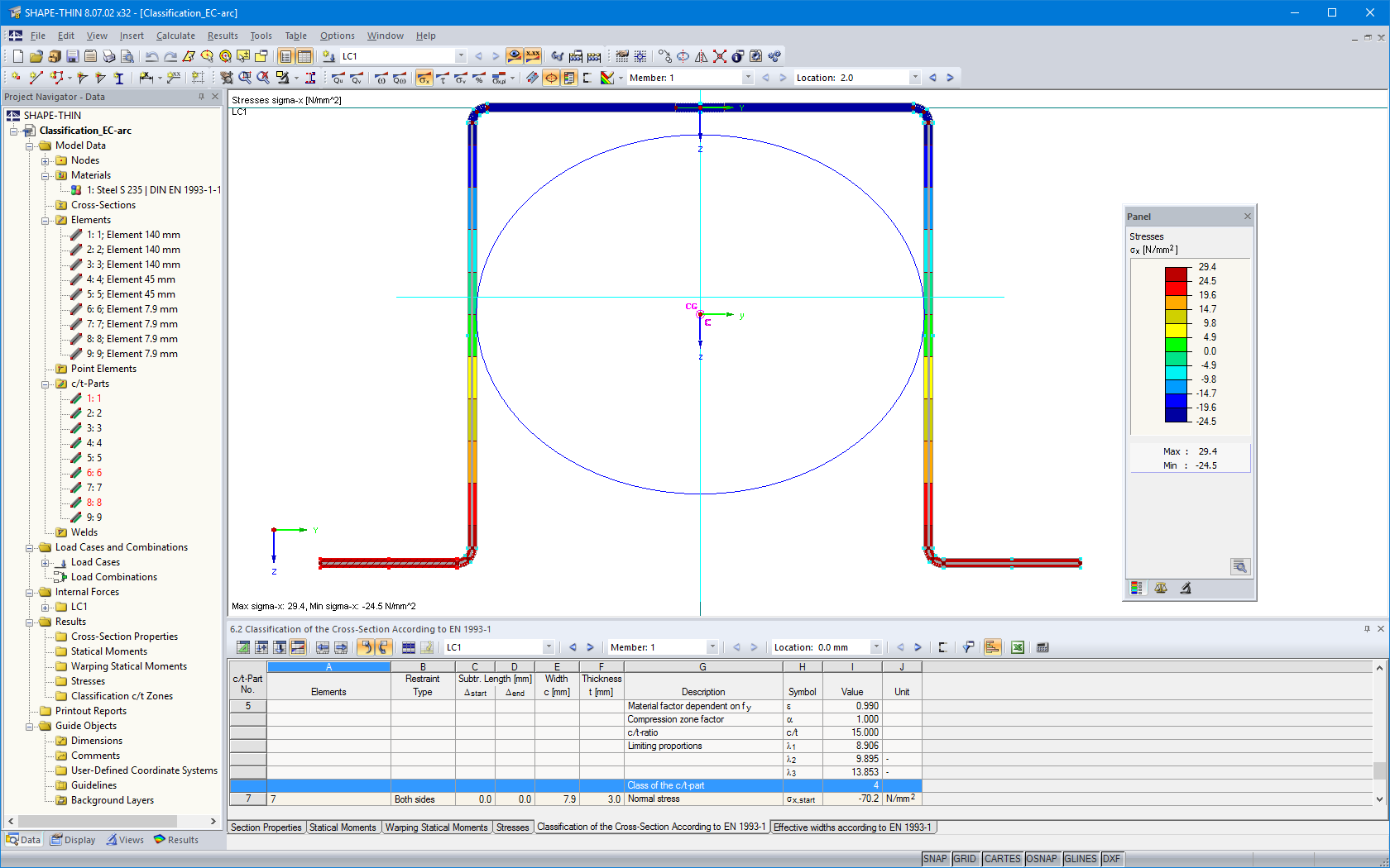 SHAPE-THIN Cross-Section Properties Program  | Results - Classification of c/t-Part and Distribution of Normal Stresses