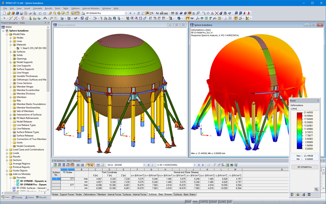 3D model of the butadiene storage sphere in RFEM (left) and the mode shape from RF-DYNAM Pro (right)