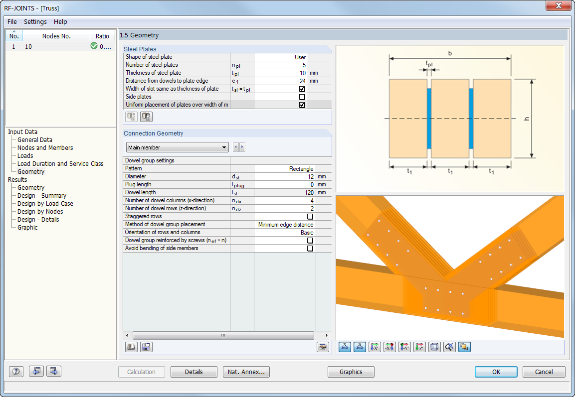 Dowel Connection Designed in RF-JOINTS Timber-Steel to Timber