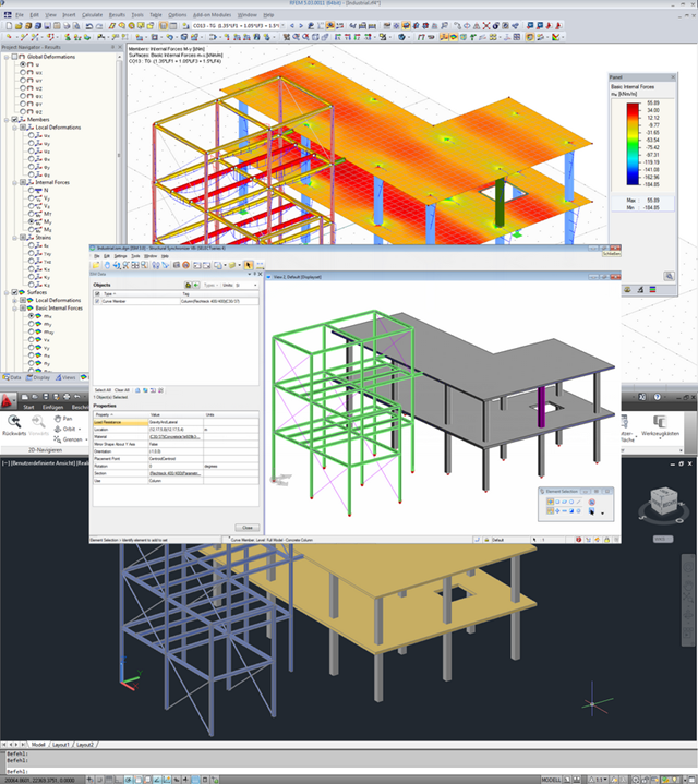 ISM Interface with Model in RFEM (Top), ISM Viewer (Middle) and ProStructure (Bottom)