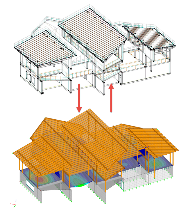 Above: Analytical Revit Model Kindergarten in Schwoich, Bottom: RFEM Model (© AGA-Bau)