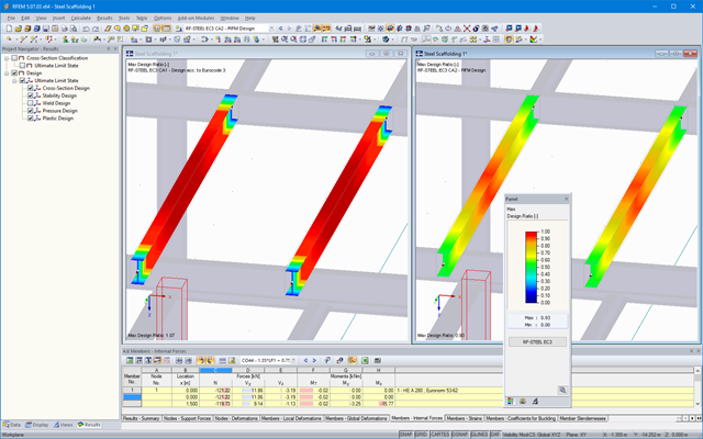 Steel Design in RFEM Without (Left) and with (Right) RF-STEEL Plasticity