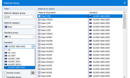 Steels according to the Australian standard AS/NZS 4600:2005 in the material database