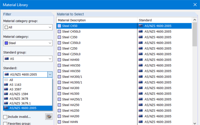 Steels according to the Australian standard AS/NZS 4600:2005 in the material database