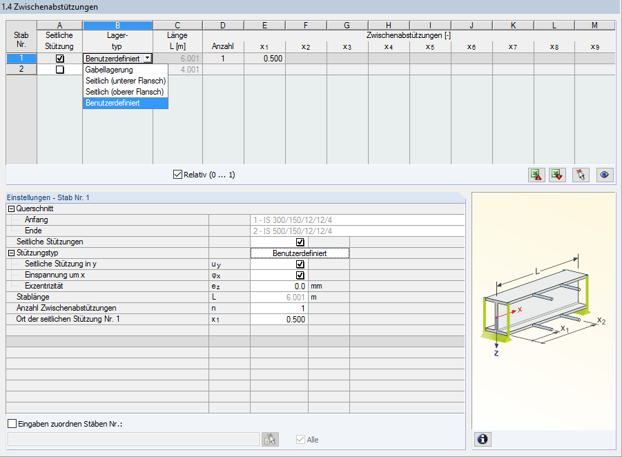 Definition of Lateral Intermediate Supports in RF-/STEEL AISC