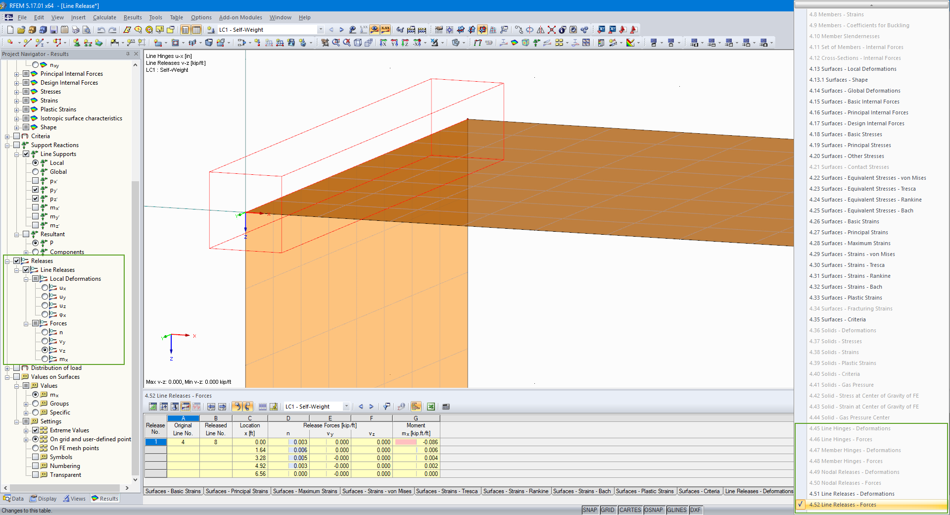 Graphical and tabular output of the forces of a line release