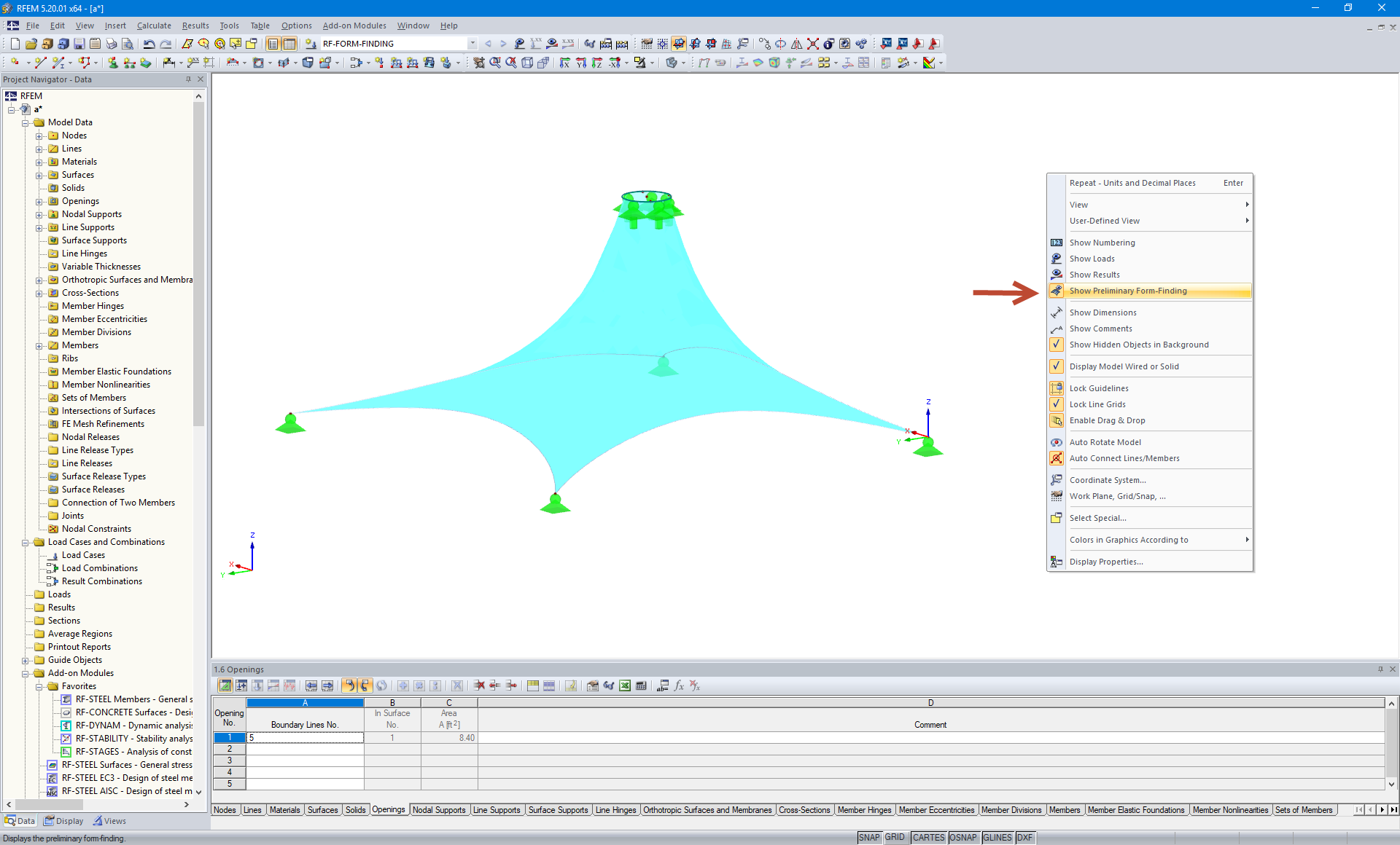 "Show Preliminary Form-Finding" Option in Shortcut Menu