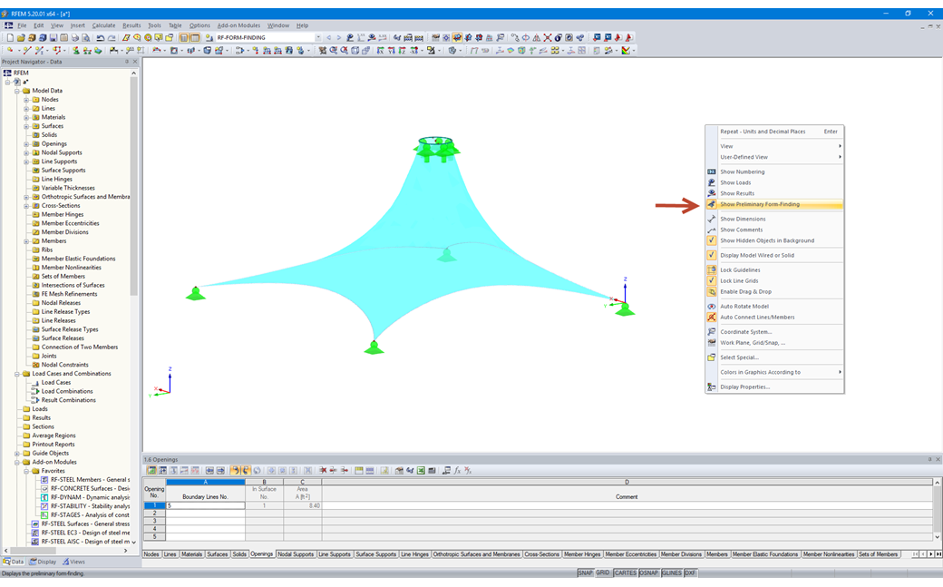 "Show Preliminary Form-Finding" Option in Shortcut Menu